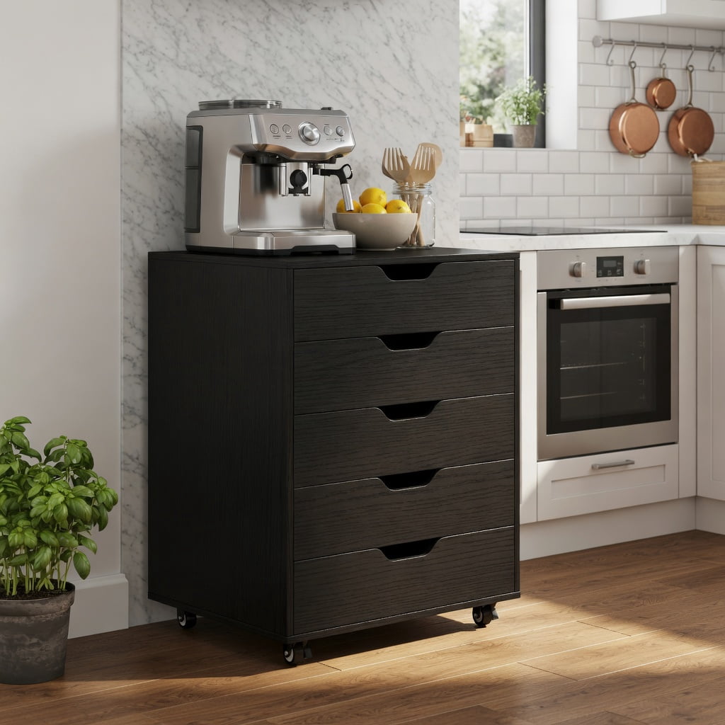 Demi Bonn 5 Drawer Mobile Lateral Filing Cabinet Storage Home Office Floor Cabinet with 4 Wheels, Black