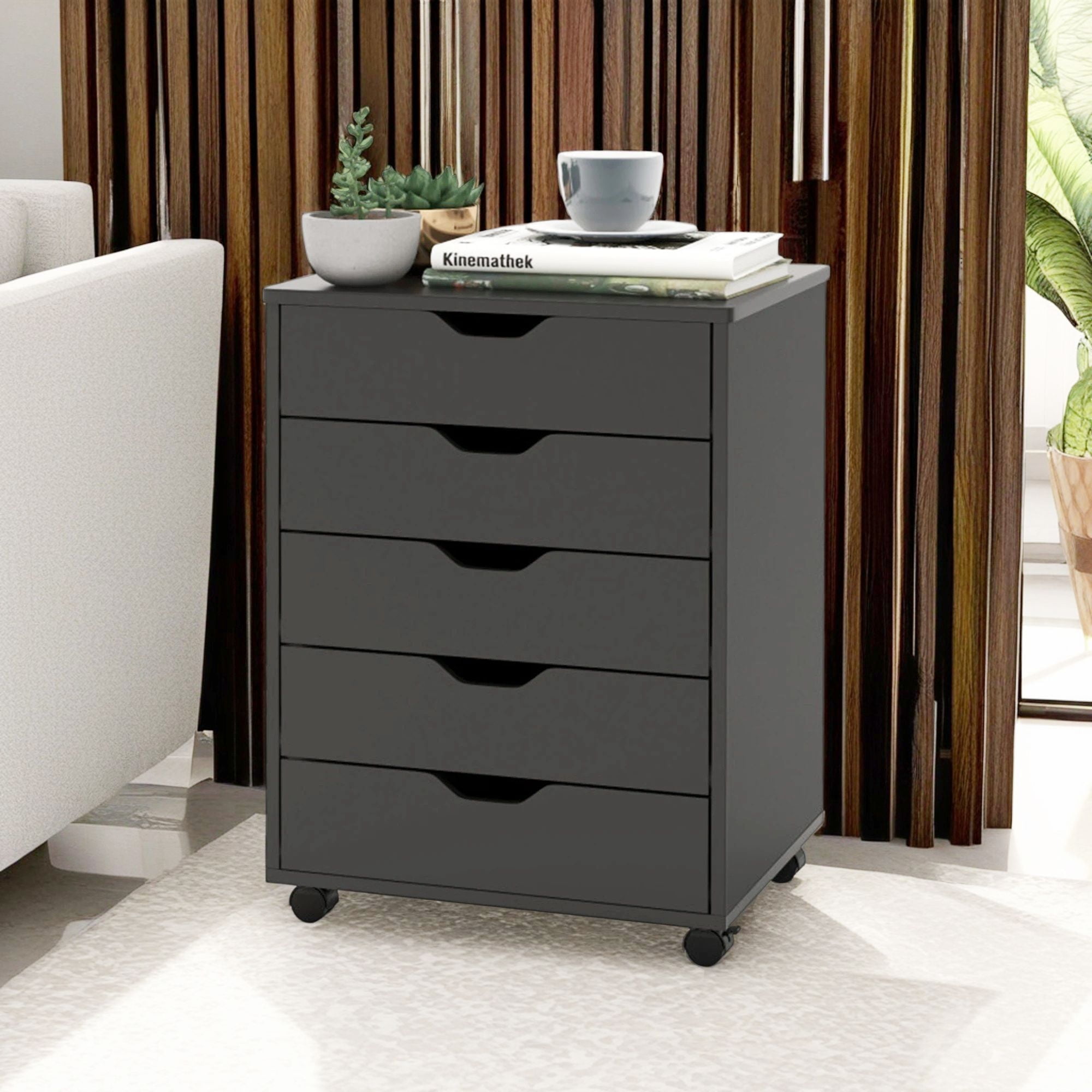 Demi Bonn 5 Drawer Mobile Lateral Filing Cabinet Storage Home Office Floor Cabinet with 4 Wheels, Black