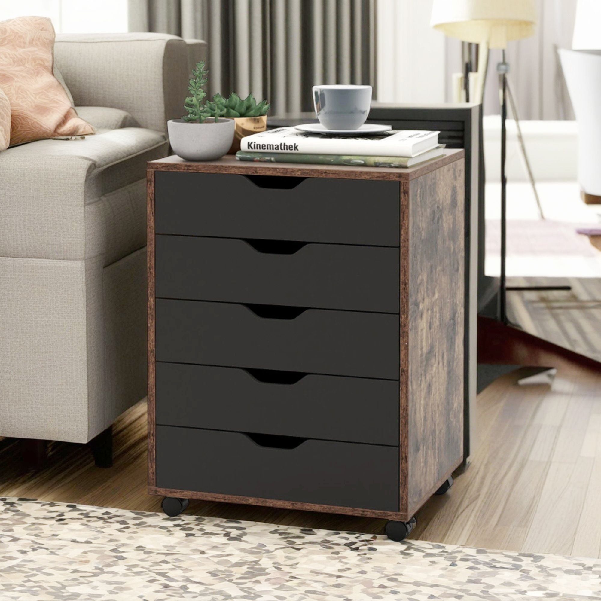 Demi Bonn 5 Drawer Mobile Lateral Filing Cabinet Storage Home Office Floor Cabinet with 4 Wheels, Brown