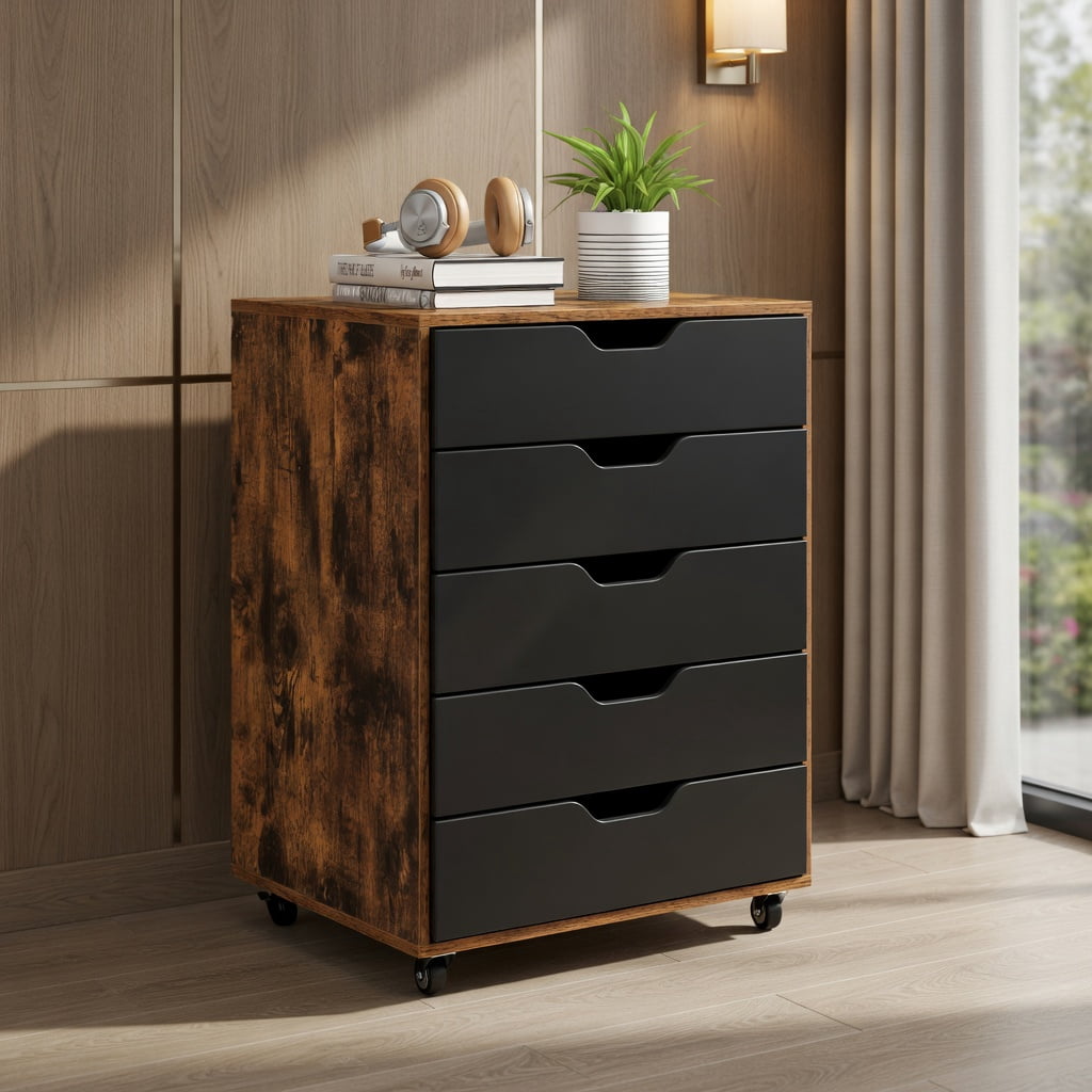 Demi Bonn 5 Drawer Mobile Lateral Filing Cabinet Storage Home Office Floor Cabinet with 4 Wheels, Brown