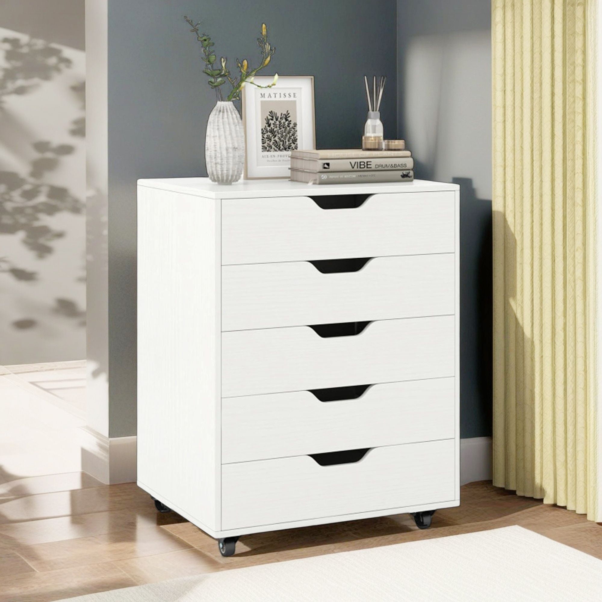 Demi Bonn 5 Drawer Mobile Lateral Filing Cabinet Storage Home Office Floor Cabinet with 4 Wheels, White
