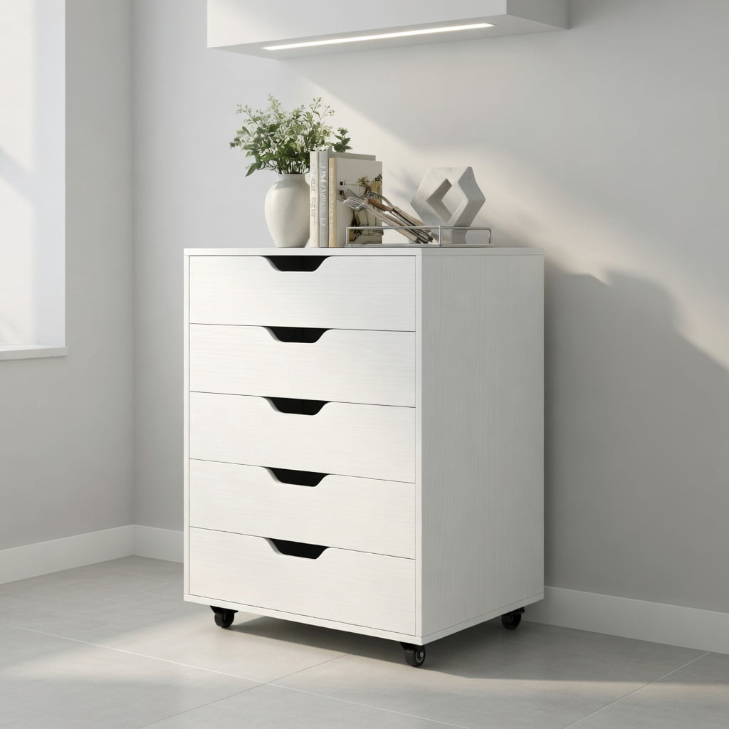 Demi Bonn 5 Drawer Mobile Lateral Filing Cabinet Storage Home Office Floor Cabinet with 4 Wheels, White