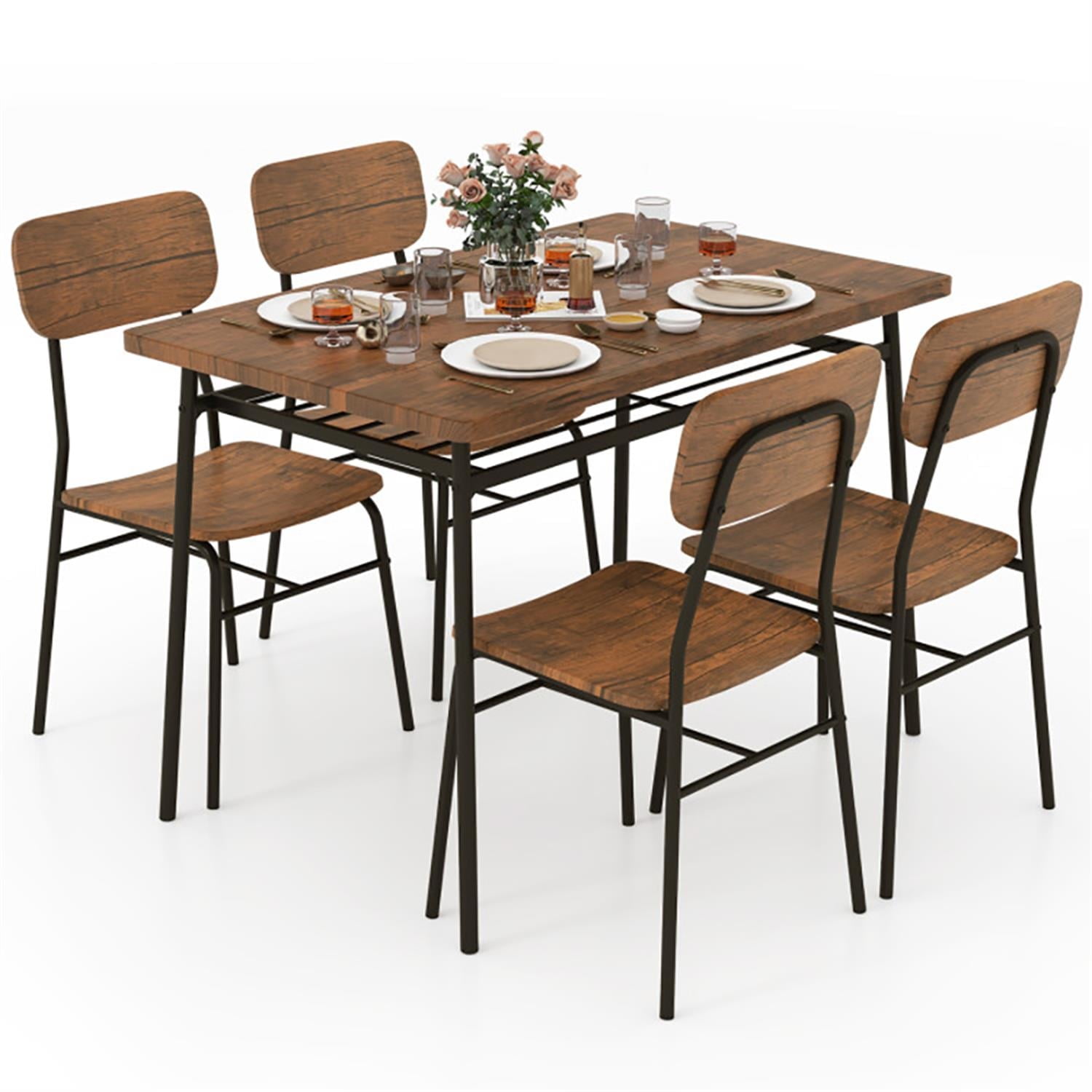 Demi Bonn 5-Piece Dining Table Set with 4 Chairs, 43" Kitchen Table with Metal Frame and Storage Rack, Perfect for Small Space, Brown