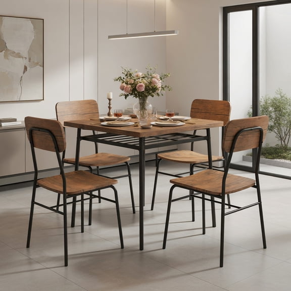 Demi Bonn 5-Piece Dining Table Set with 4 Chairs, 43" Kitchen Table with Metal Frame and Storage Rack, Perfect for Small Space, Brown