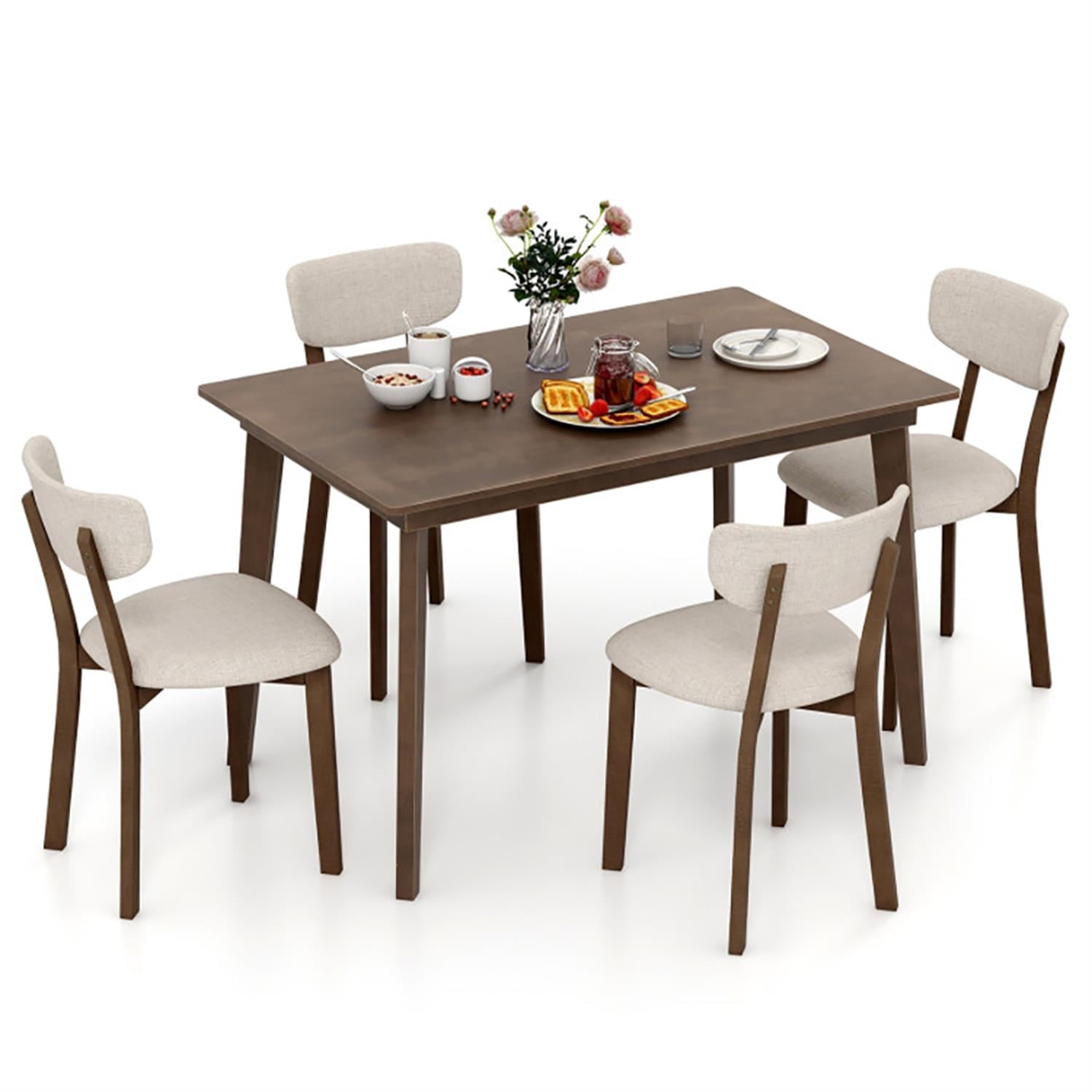 Demi Bonn 5-Piece Dining Table Set with 4 Chairs, 48" Kitchen Table with Rubber Wood Frame and Padded Set, Perfect for Small Space, Brown