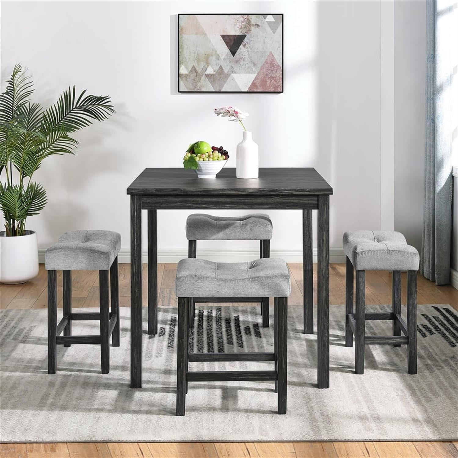 Demi Bonn 5-Piece Dining Table Set with 4 Upholstered Bar Stool, Industrial Kitchen Bar Table Furniture Sets for Living Room, Apartment, Black