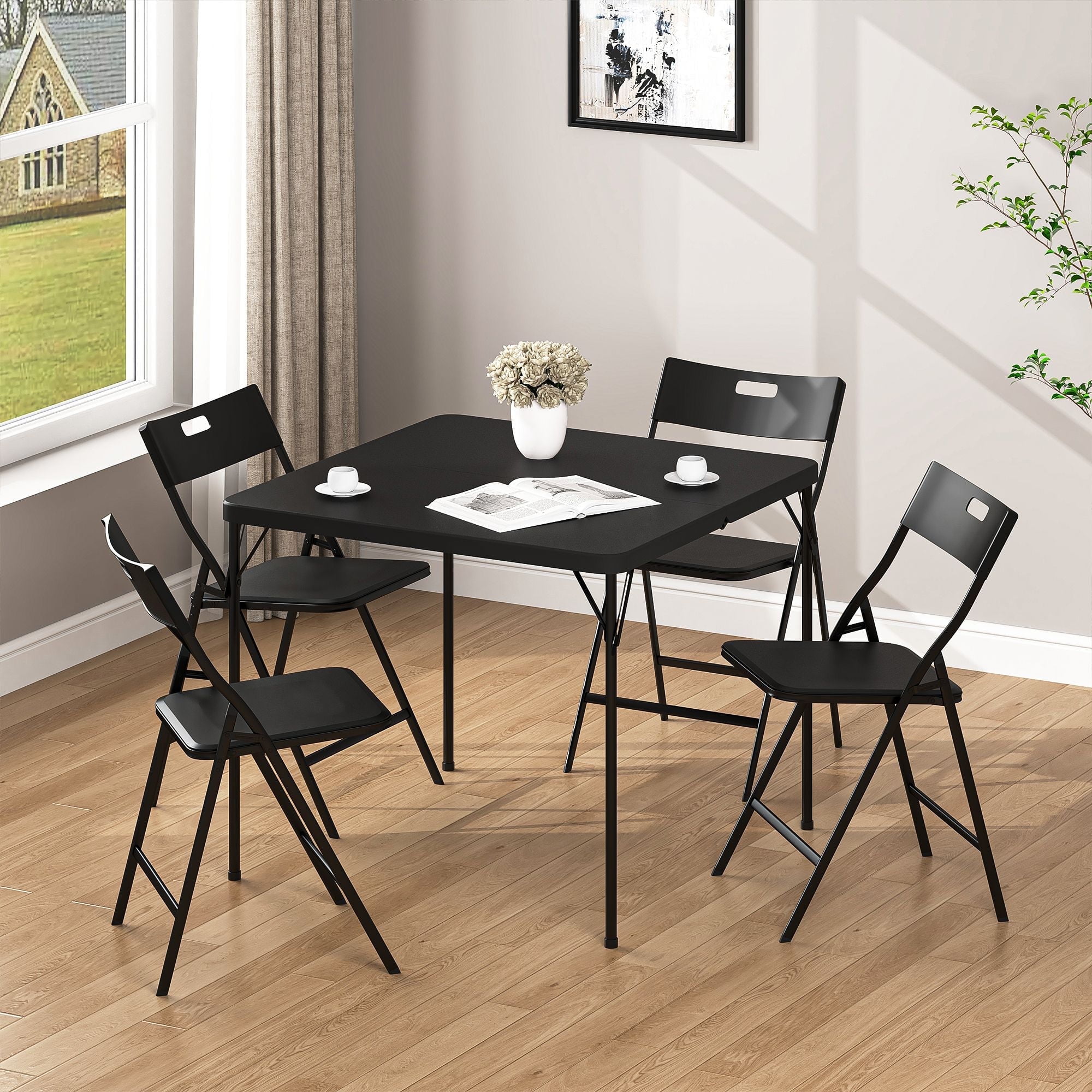 Demi Bonn 5-Piece Folding Multipurpose Card Table Set with 4 Chair, 4 Players Camping Table Chair Set for Indoor or Outdoor Use, Black