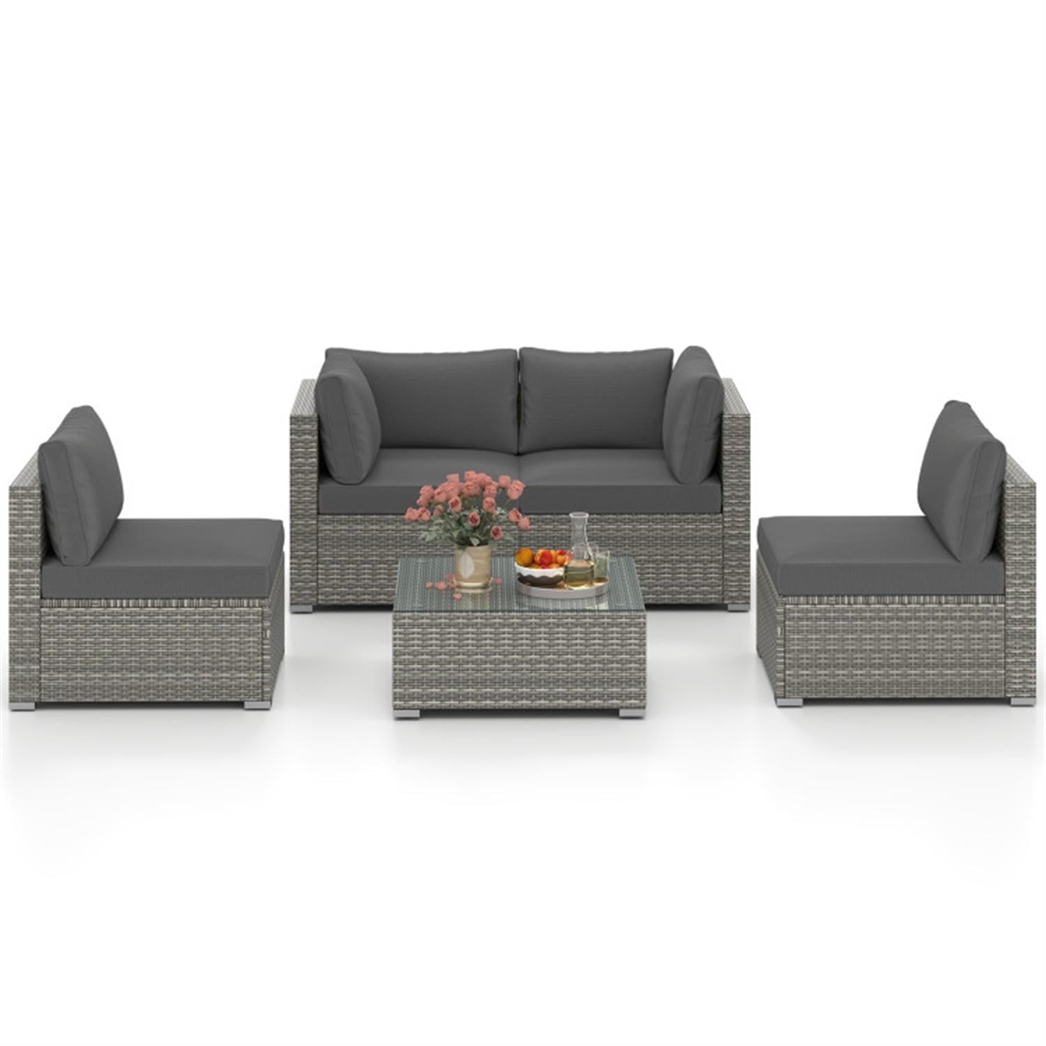 Demi Bonn 5-Piece Outdoor Patio Furniture Sets Sectional Sofa Couch and Glass Coffee Table with Cushions for Yard, Pool or Backyard, Gray
