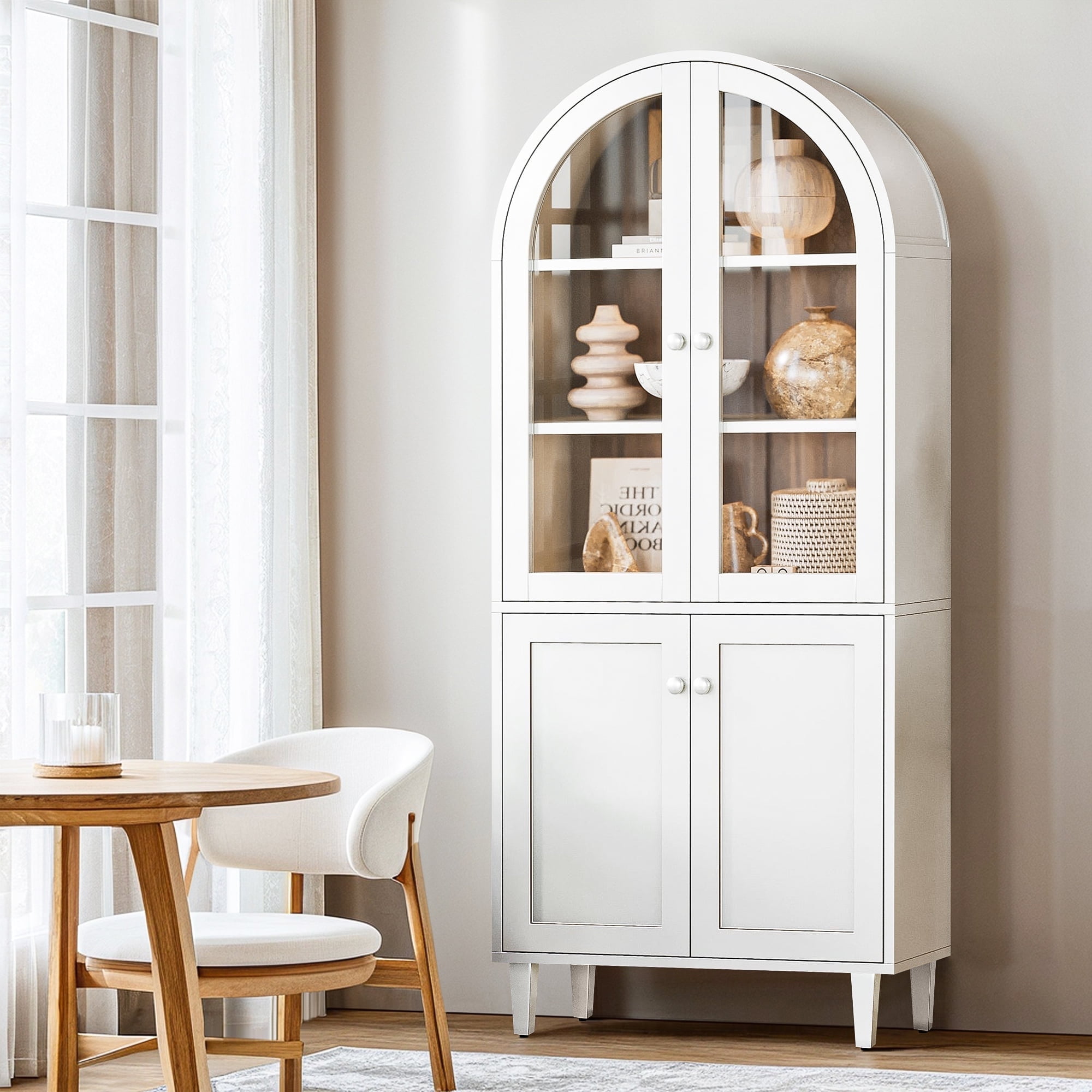 Demi Bonn 5 Tier Arched Bookcase, 68" Tall Wood Display Bookshelf Storage Cabinet Pantry Organizer for Bedroom, Living Room, White