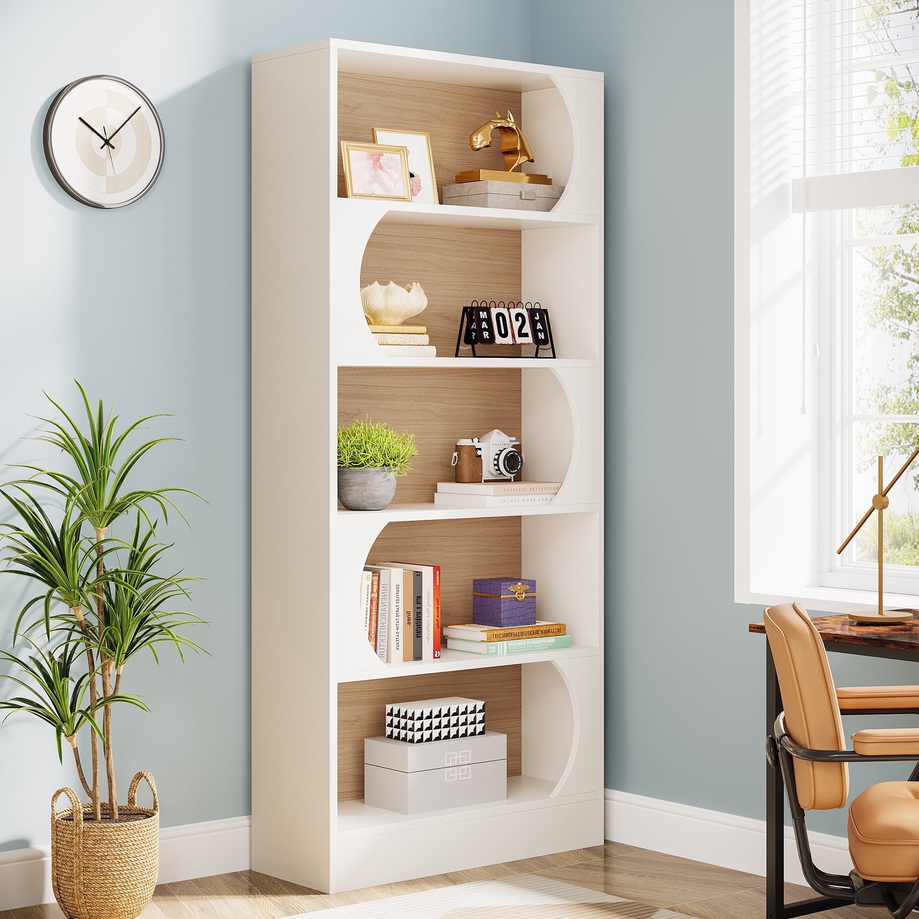 Demi Bonn 5-Tier Bookcase with Storage Shelves, Wood Bookshelf Storage Organizer, 70" Tall Display Standing Shelf Unit for Bedroom, Living Room, White