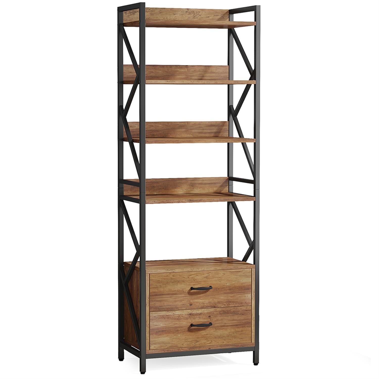 Demi Bonn 5 Tier Bookshelf with 2 Drawers, Wood and Metal Bookcase Storage Organizer, 70" Tall Display Standing Shelf Unit for Bedroom, Living Room, Brown