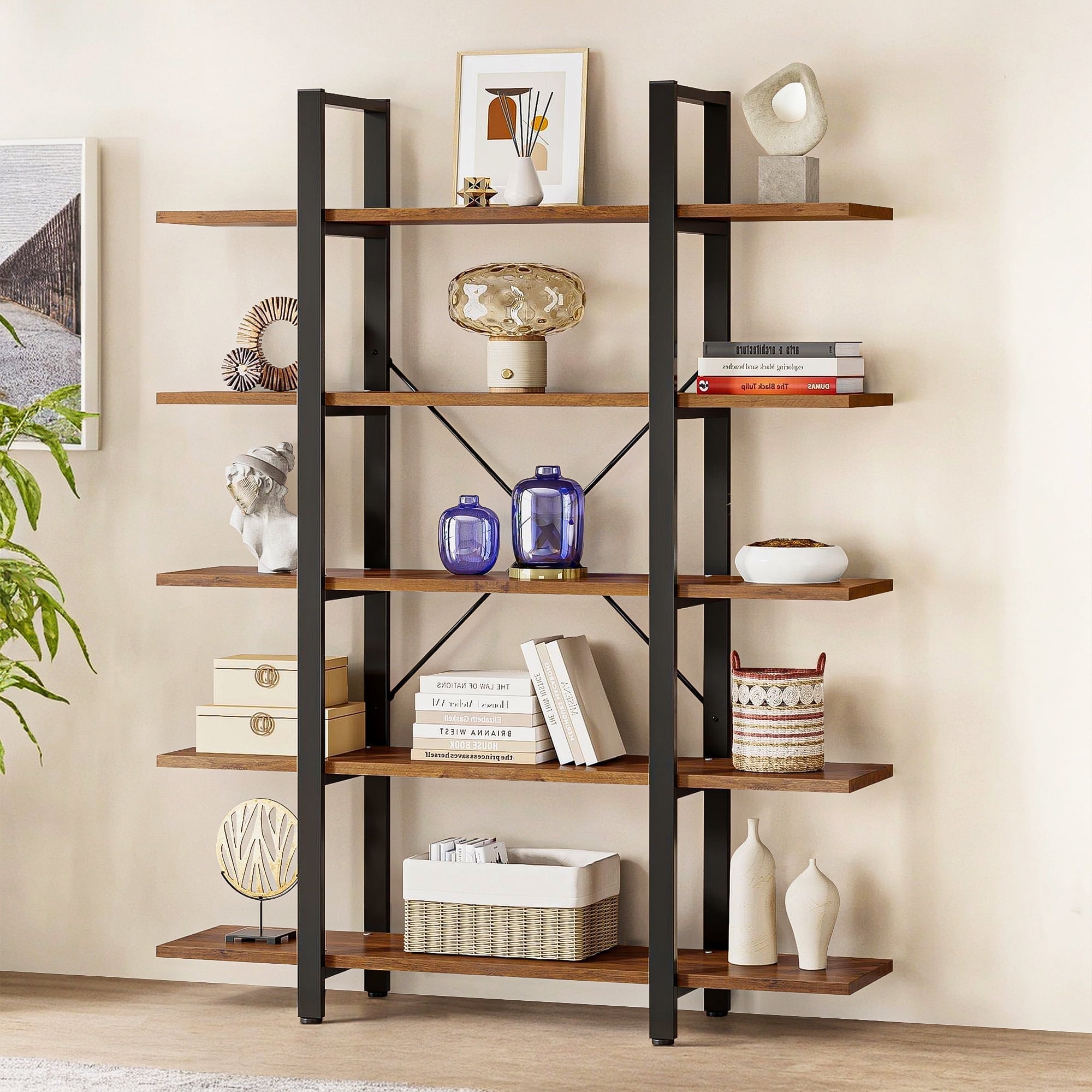 Demi Bonn 5 Tier Bookshelf, Bookshelves, Open Etagere Bookcase Shelf Storage Organizer, Free Standing Storage Shelving Unit for Bedroom, Living Room and Home Office, Brown