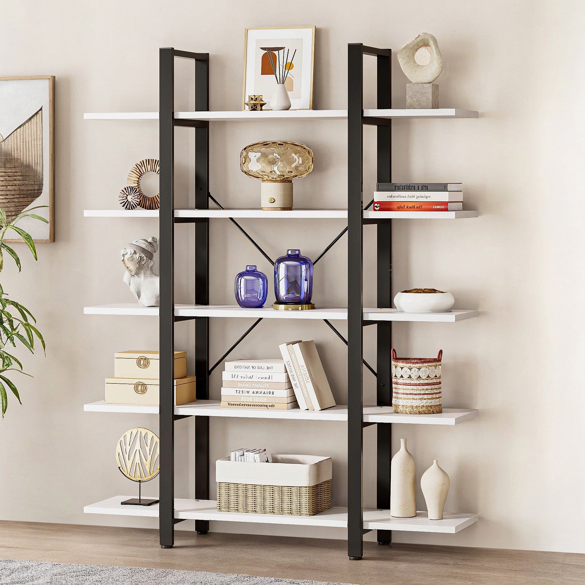 Demi Bonn 5 Tier Bookshelf, Bookshelves, Open Etagere Bookcase Shelf Storage Organizer, Free Standing Storage Shelving Unit for Bedroom, Living Room and Home Office, White & Black