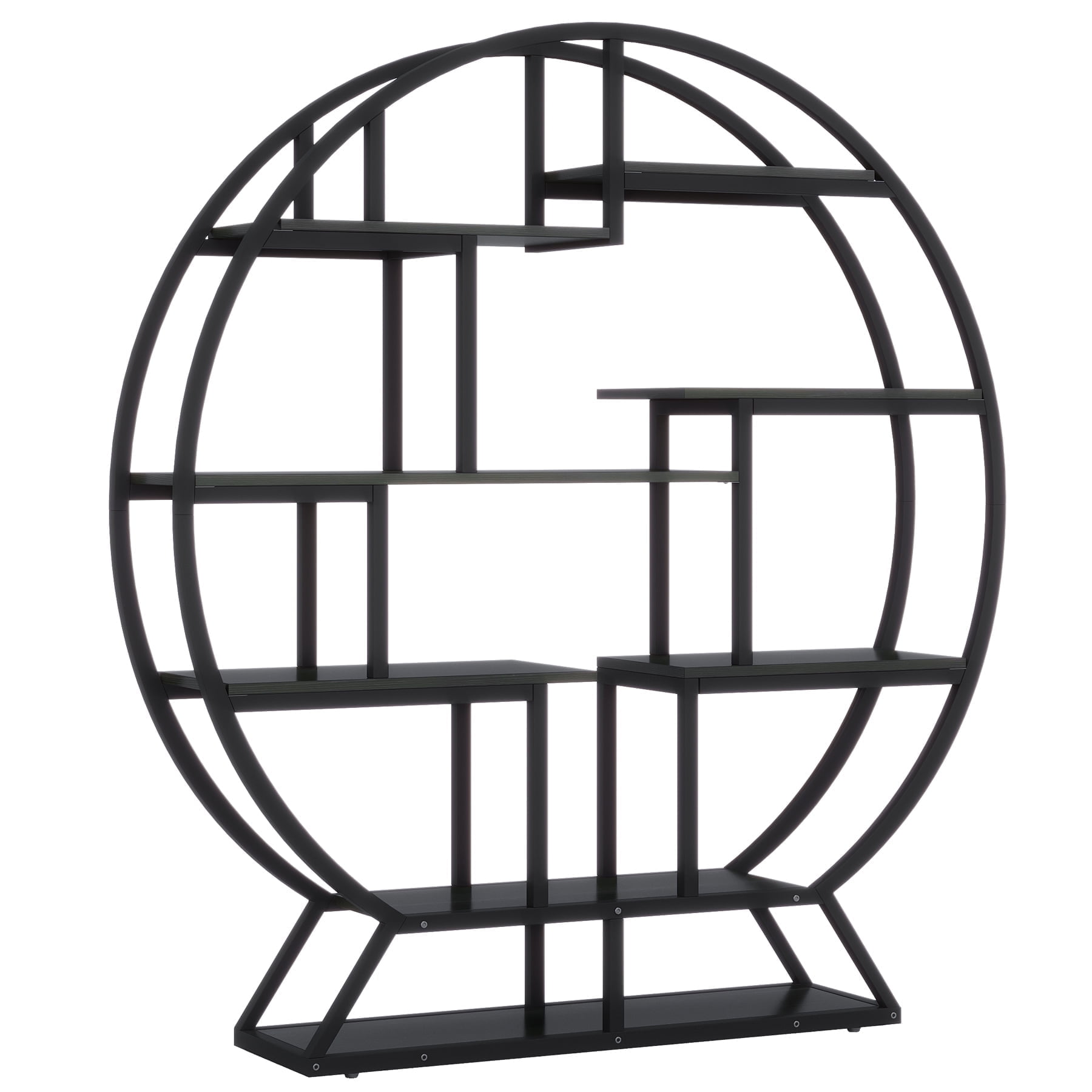 Demi Bonn 5 Tier Bookshelf with Staggered Shelves, Wood and Metal Bookcase Storage Organizer, Round Display Standing Shelf Unit for Bedroom, Living Room, Black
