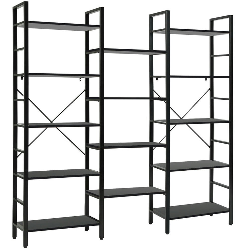 Finihen 5-Tier Bookshelf, Vintage Triple Wide Large Bookcase Display Storage Shelf, Display Rack for Plants and Books, Black Finihen 5-Tier Bookshelf, Vintage Triple Wide Large Bookcase Display Storage Shelf, Display Rack for Plants and Books, Black