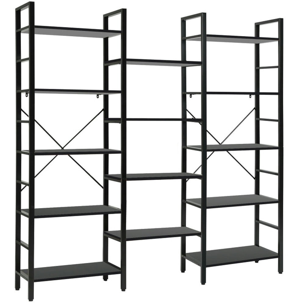 Demi Bonn 5-Tier Bookshelf, Vintage Triple Wide Large Bookcase Display Storage Shelf, Display Rack for Plants and Books, Black