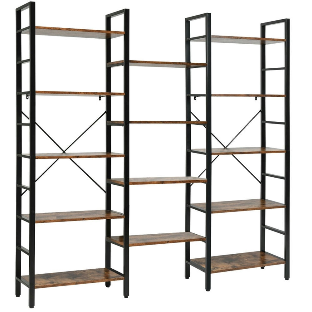 Finihen 5-Tier Bookshelf, Vintage Triple Wide Large Bookcase Display Storage Shelf, Display Rack for Plants and Books, Brown Finihen 5-Tier Bookshelf, Vintage Triple Wide Large Bookcase Display Storage Shelf, Display Rack for Plants and Books, Brown