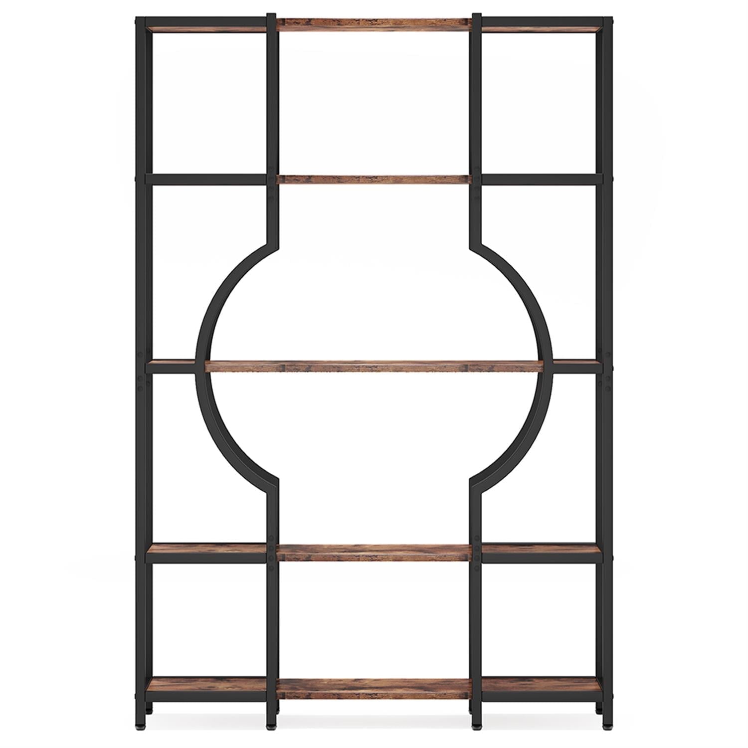 Demi Bonn 5 Tier Bookshelf, Wood and Metal Bookcase Storage Organizer, 66" Tall Industrial Display Standing Shelf Unit for Bedroom, Living Room, Brown