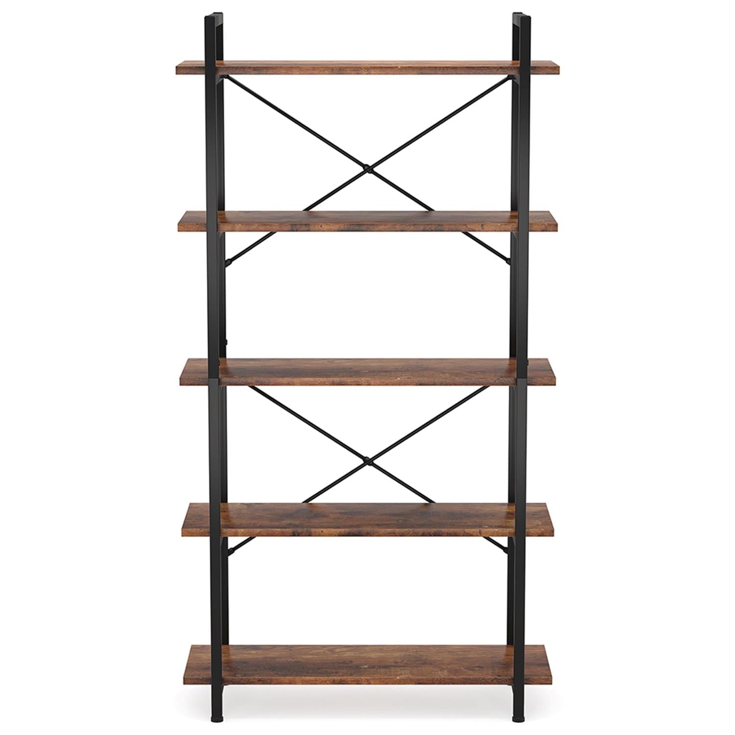 Demi Bonn 5 Tier Bookshelf, Wood and Metal Bookcase Storage Organizer,dustrial Display Standing Shelf Unit for Bedroom, Living Room, Brown