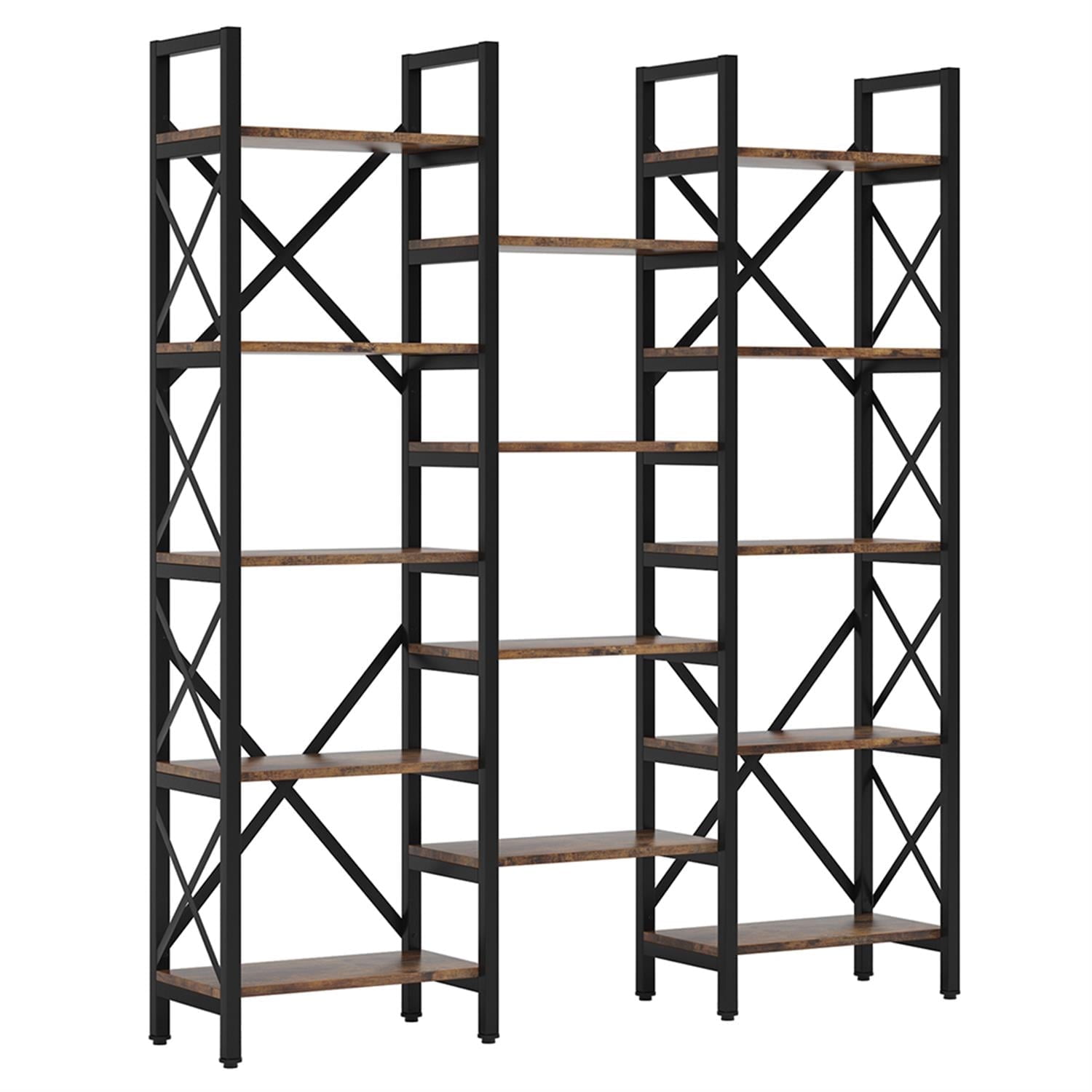 Demi Bonn 5 Tier Bookshelf, Wood and Metal Bookcase Storage Organizer, Triple Wide Display Standing Shelf Unit for Bedroom, Living Room, Brown