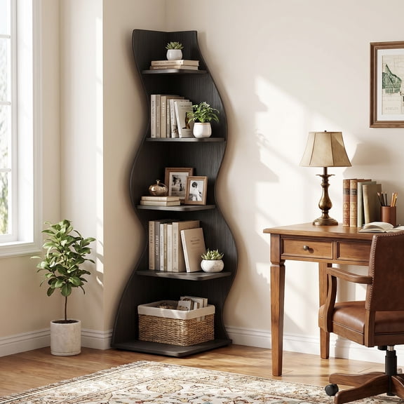 Demi Bonn 5-Tier Corner Bookcase, Wood Bookshelf Storage Organizer, 70" Tall Display Standing Shelf Unit for Bedroom, Living Room, Black