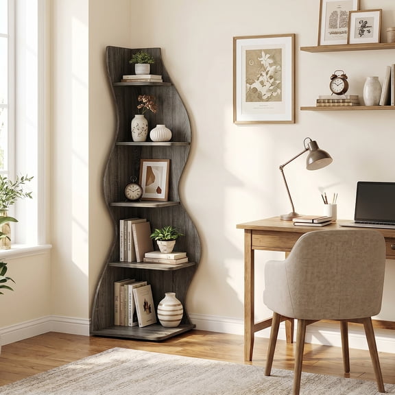 Demi Bonn 5-Tier Corner Bookcase, Wood Bookshelf Storage Organizer, 70" Tall Display Standing Shelf Unit for Bedroom, Living Room, Gray