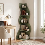 Demi Bonn 5-Tier Corner Bookcase, Wood Bookshelf Storage Organizer, 70" Tall Display Standing Shelf Unit for Bedroom, Living Room, Green