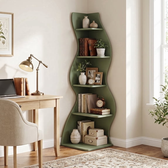 Canddidliike 5-Tier Corner Bookcase, Wood Bookshelf Storage Organizer, 70" Tall Display Standing Shelf Unit for Bedroom, Living Room, Green