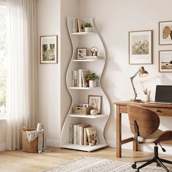 Demi Bonn 5-Tier Corner Bookcase, Wood Bookshelf Storage Organizer, 70" Tall Display Standing Shelf Unit for Bedroom, Living Room, White