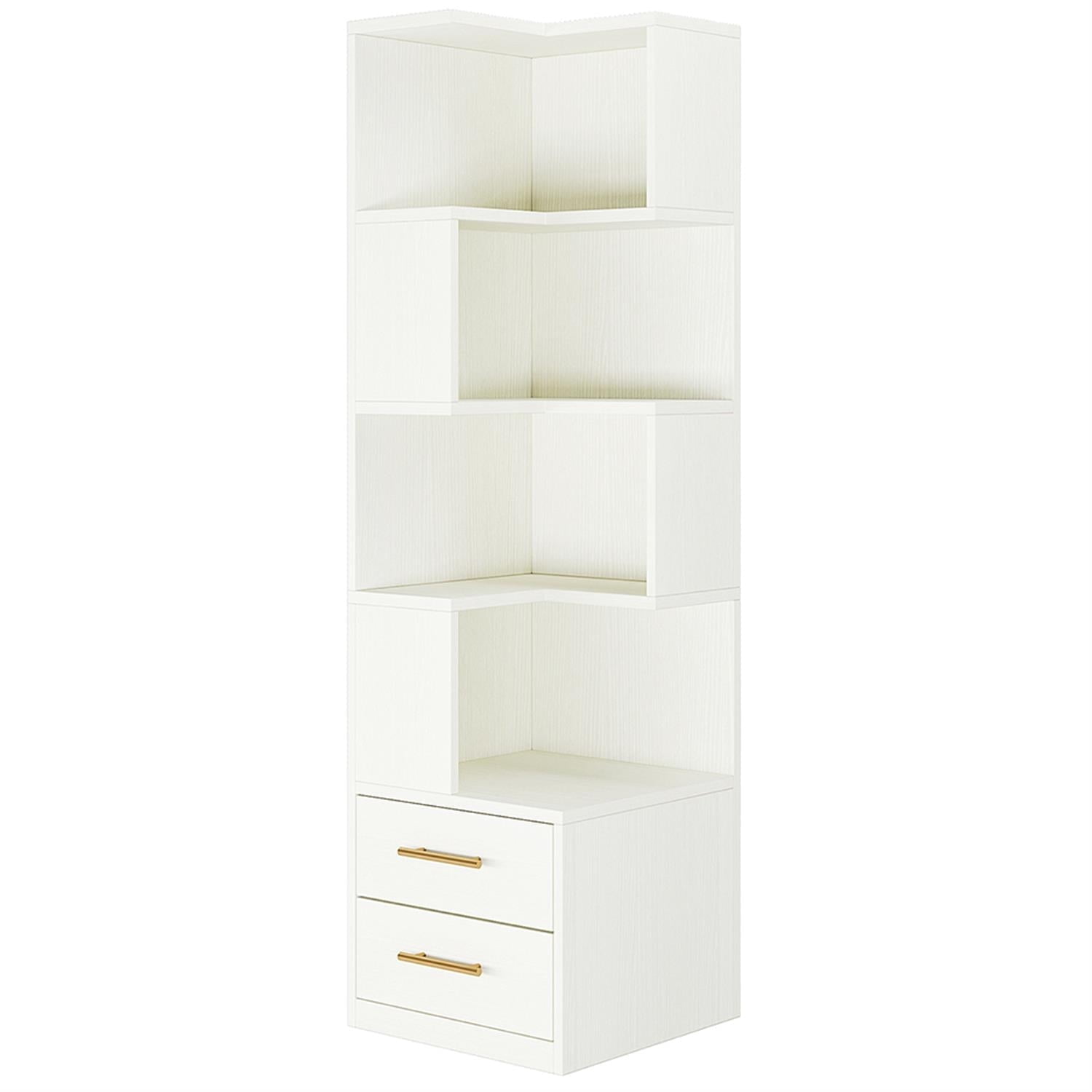 Demi Bonn 5 Tier Corner Bookcase with 2 Drawers, Wood Bookshelf Storage Organizer, L-Shaped Display Standing Shelf Unit for Bedroom, Living Room, White