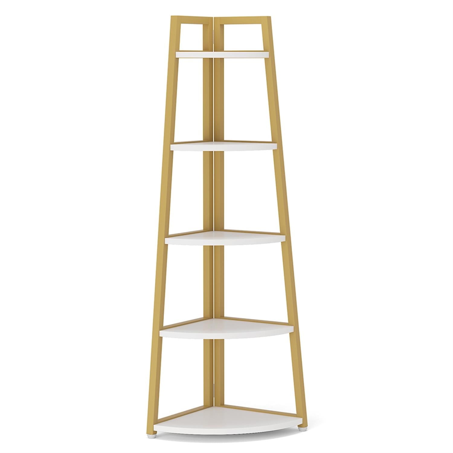 Demi Bonn 5-Tier Corner Bookshelf, Wood and Metal Bookcase Storage Organizer, 70" Tall Display Standing Shelf Unit for Bedroom, Living Room, Gold