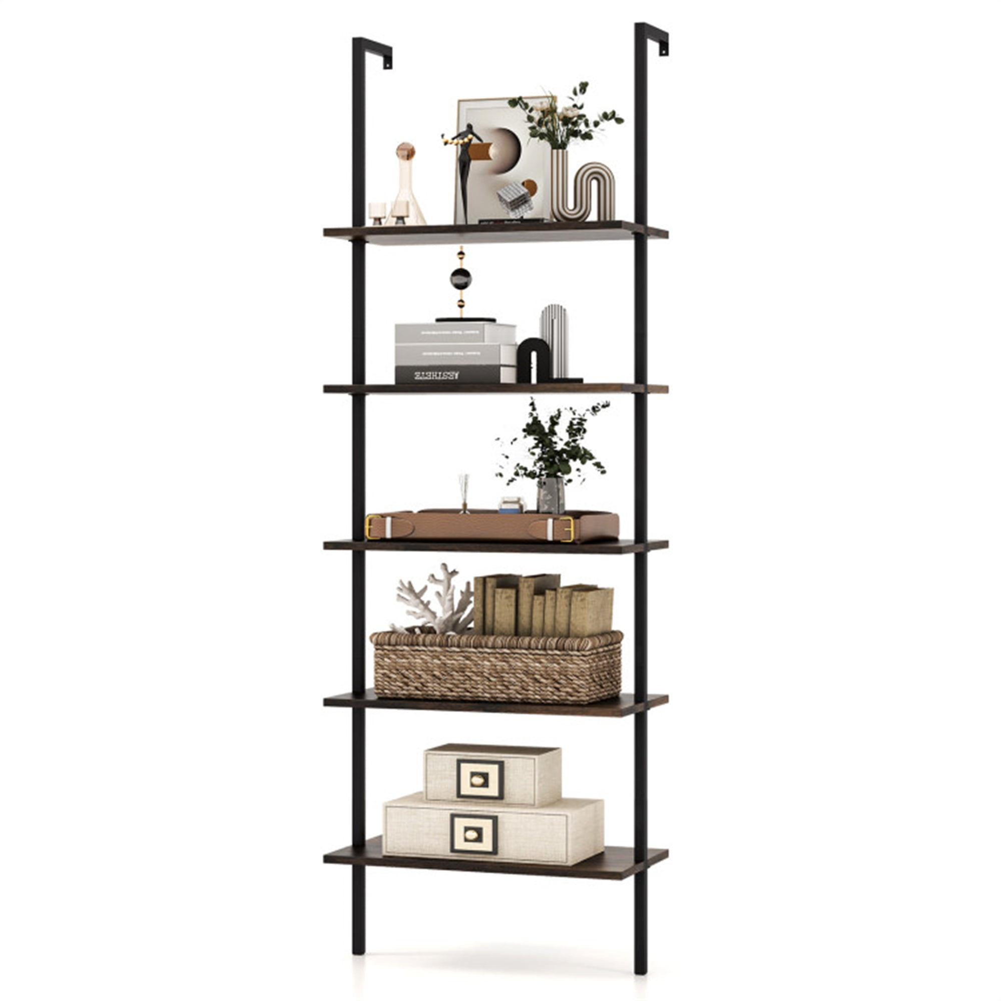 Finihen 5 Tier Ladder Shelf Wall-Mounted Bookshelf, Bookcase with Steel Frame, Black