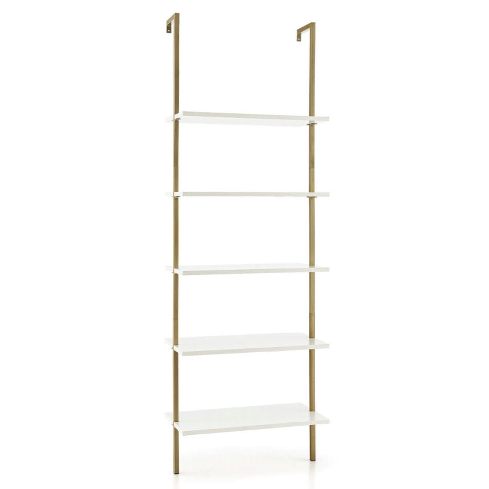 Finihen 5 Tier Ladder Shelf Wall-Mounted Bookshelf, Bookcase with Steel Frame, White Finihen 5 Tier Ladder Shelf Wall-Mounted Bookshelf, Bookcase with Steel Frame, White