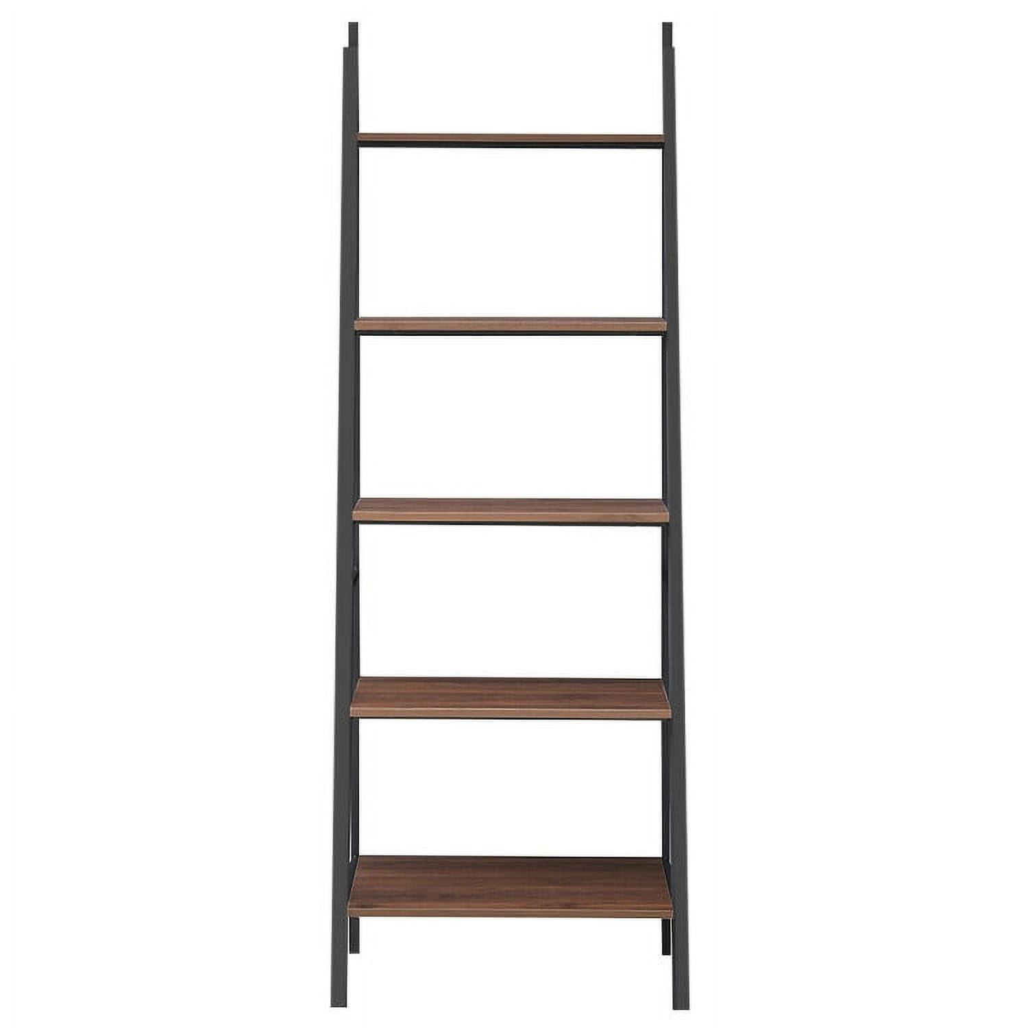 Finihen 5 Tier Leaning Bookshelf, Wood and Metal Bookcase, Free Standing Ladder Shelf, Brown Finihen 5 Tier Leaning Bookshelf, Wood and Metal Bookcase, Free Standing Ladder Shelf, Brown