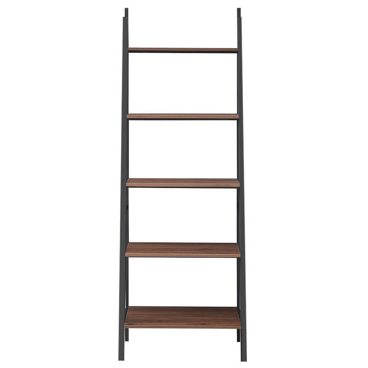Demi Bonn 5 Tier Leaning Bookshelf, Wood and Metal Bookcase, Free Standing Ladder Shelf, Brown