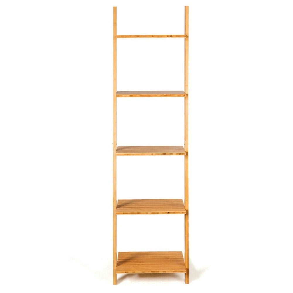 Demi Bonn 5-Tier Modern Bamboo Bookshelf, Wall-Leaning Display Ladder Storage Stand Rack, Beige