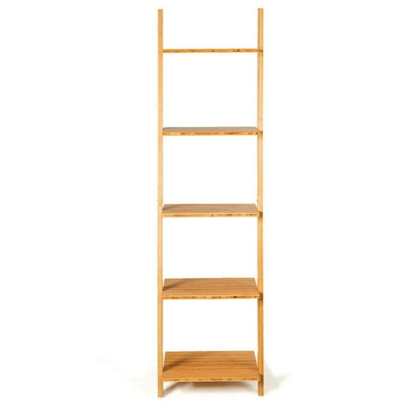 Demi Bonn 5-Tier Modern Bamboo Bookshelf, Wall-Leaning Display Ladder Storage Stand Rack, Beige
