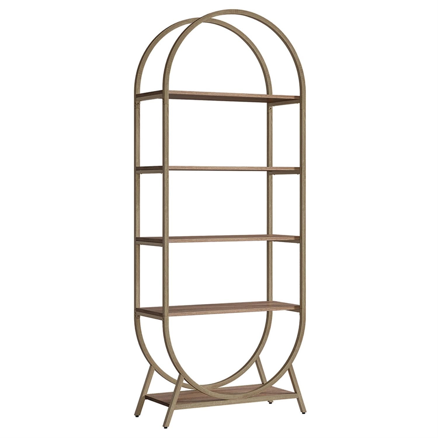 Demi Bonn 5 Tier Open Bookshelf, Wood and Metal Bookcase Storage Organizer, 71" Tall Arched Display Standing Shelf Unit for Bedroom, Living Room, Beige