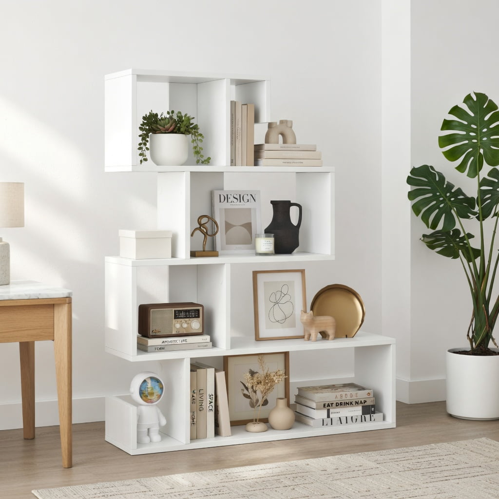 Demi Bonn 5-Tier S-Shaped Bookshelf Geometric Z-Shelf Bookcase with Open Cubes, White