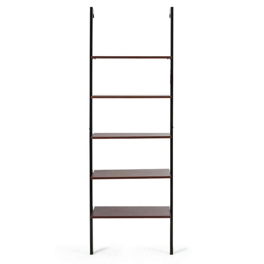 Demi Bonn 5-Tier Wood Look Ladder Shelf with Metal Frame for Home, Multipurpose Open Bookshelf, Brown