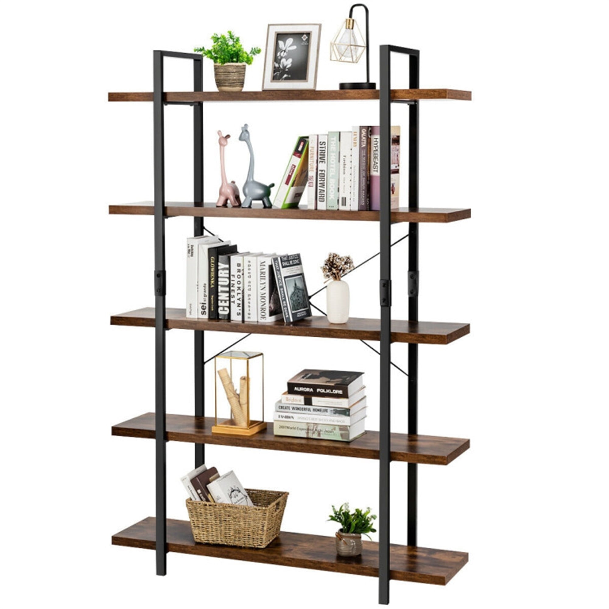Demi Bonn 5-Tiersdustrial Bookshelf, Bookcase with Metal Frame for Home Office, Brown