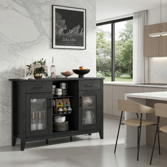Demi Bonn 52" Sideboard Buffet Cabinet with 2 Drawers and 4 Adjustable Shelves, Kitchen Storage Cabinet, Wood Coffee Bar Buffet Table for Dining Room, Black