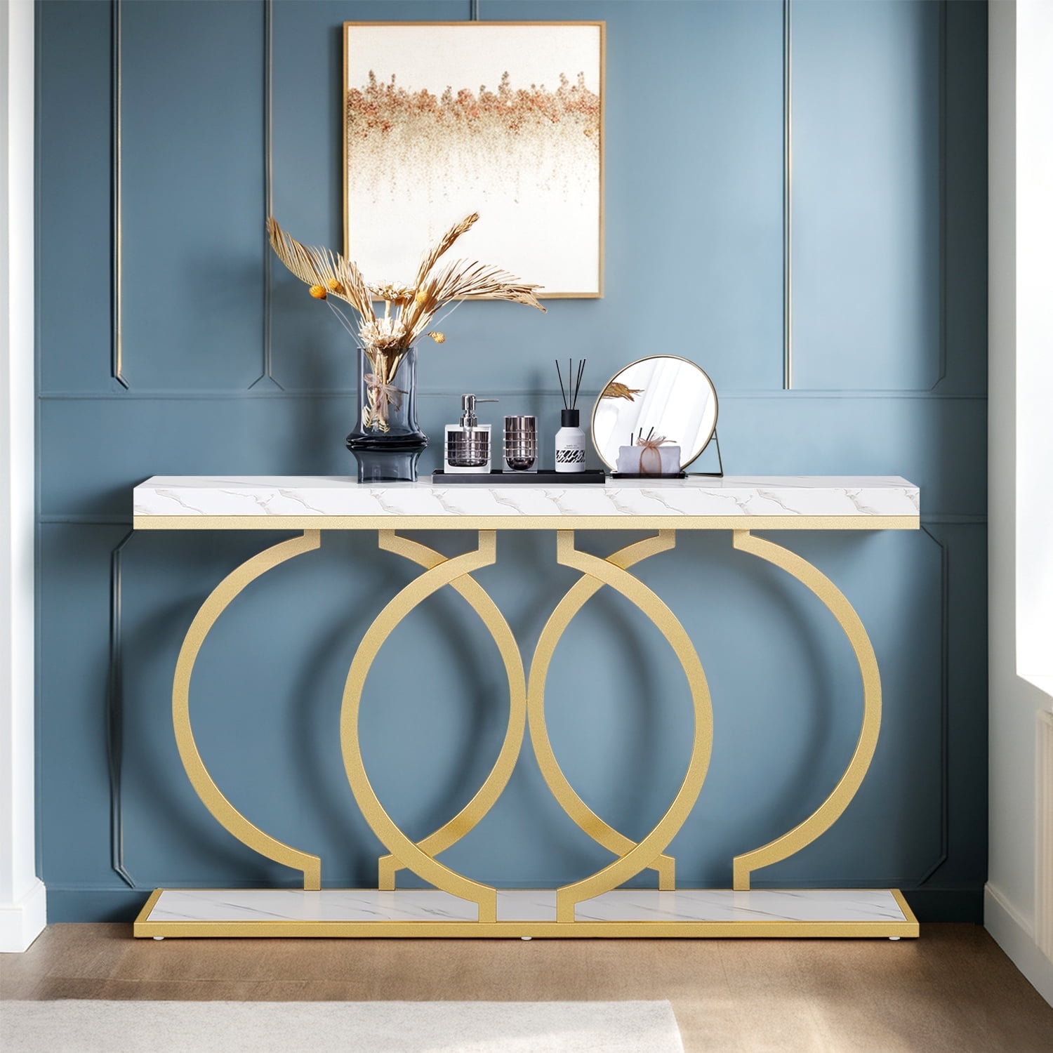 Demi Bonn 55" Console Table, Narrow Entryway Sofa Table with Geometric Metal Frame for Hallway, Entrance, Living Room, Bedroom, Gray