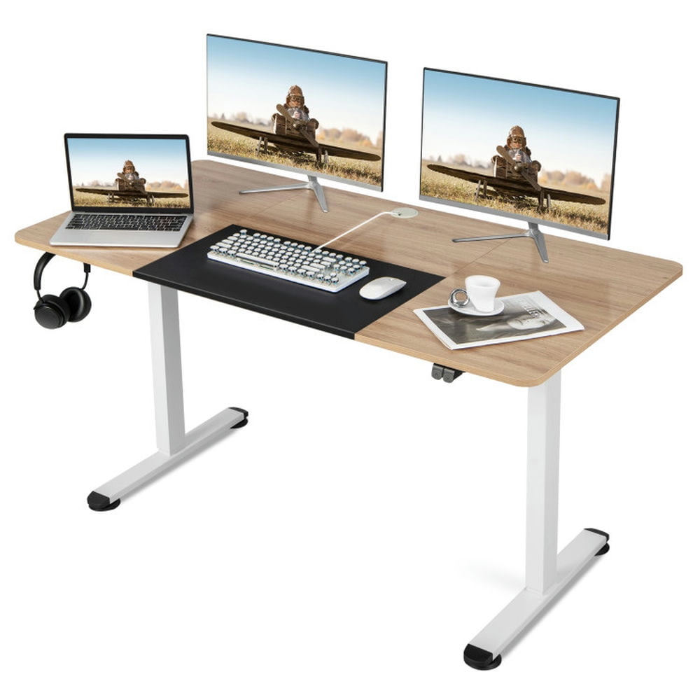 Finihen 55" Electric Height Adjustable Computer Desk with Hook, Small Home Office Desk Study Writing Table, Natural Finihen 55" Electric Height Adjustable Computer Desk with Hook, Small Home Office Desk Study Writing Table, Natural