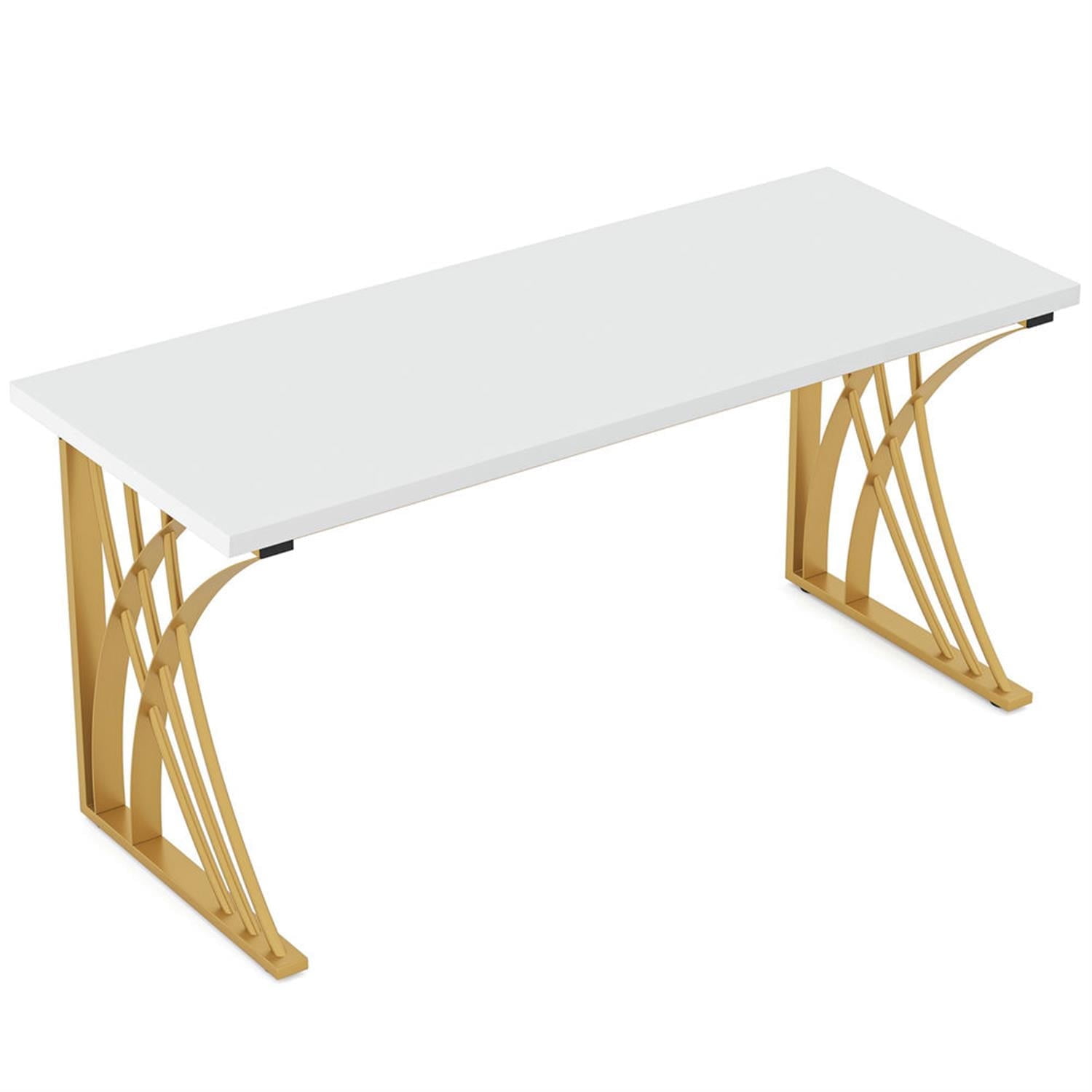 Demi Bonn 55" Executive Computer Desk with Gold Metal Legs, Modern Study Writing Gaming Table for Home Office, White