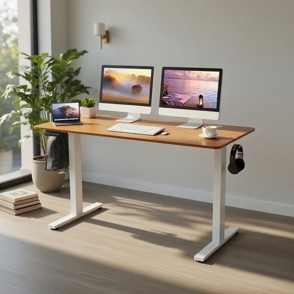 Demi Bonn 55" x 24" Sit Stand Computer Desk with 3 Memory Height Settings, Small Home Office Desk Study Writing Table, Beige