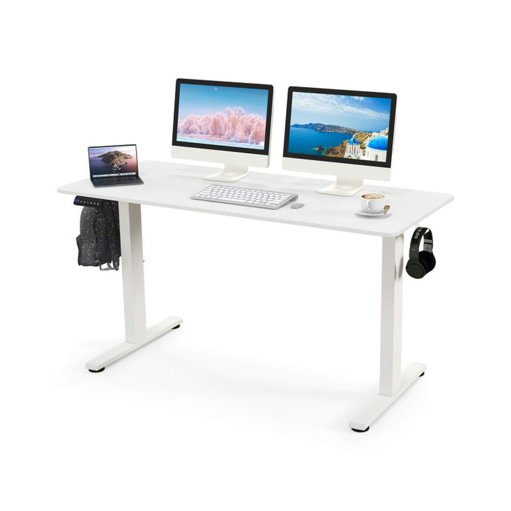 Finihen 55" x 24" Sit Stand Computer Desk with 3 Memory Height Settings, Small Home Office Desk Study Writing Table, White Finihen 55" x 24" Sit Stand Computer Desk with 3 Memory Height Settings, Small Home Office Desk Study Writing Table, White