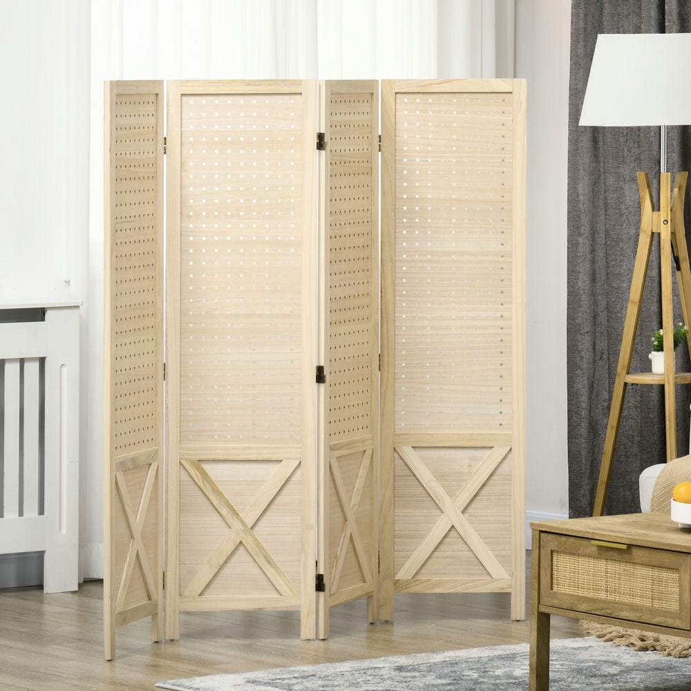 Finihen 57" Tall Room Divider Indoor Folding Portable Partition Screen for Home Office Garden Terrace, 4 Panel Pegboard Display Wood Wall Divider, Beige Finihen 57" Tall Room Divider Indoor Folding Portable Partition Screen for Home Office Garden Terrace, 4 Panel Pegboard Display Wood Wall Divider, Beige