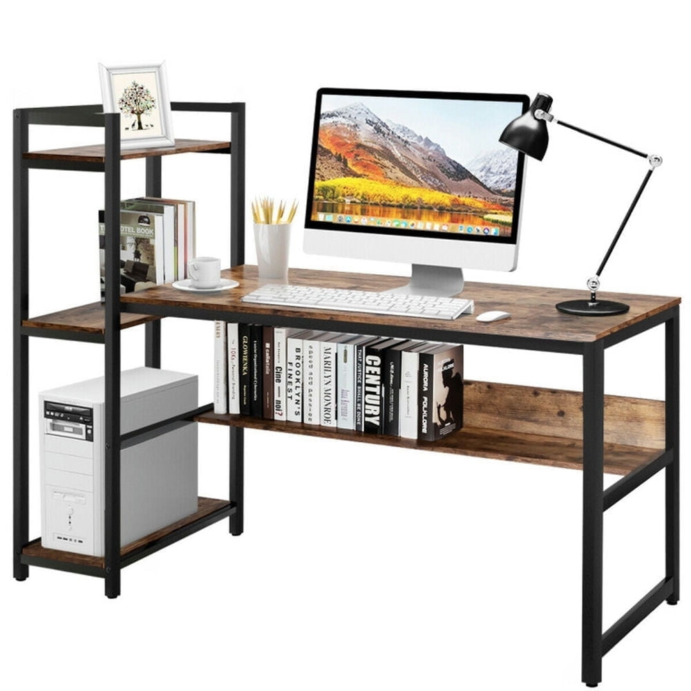 Demi Bonn 59" Computer Desk Office Workstation 4-Tier Storage Shelves, Small Home Study Writing Table, Brown