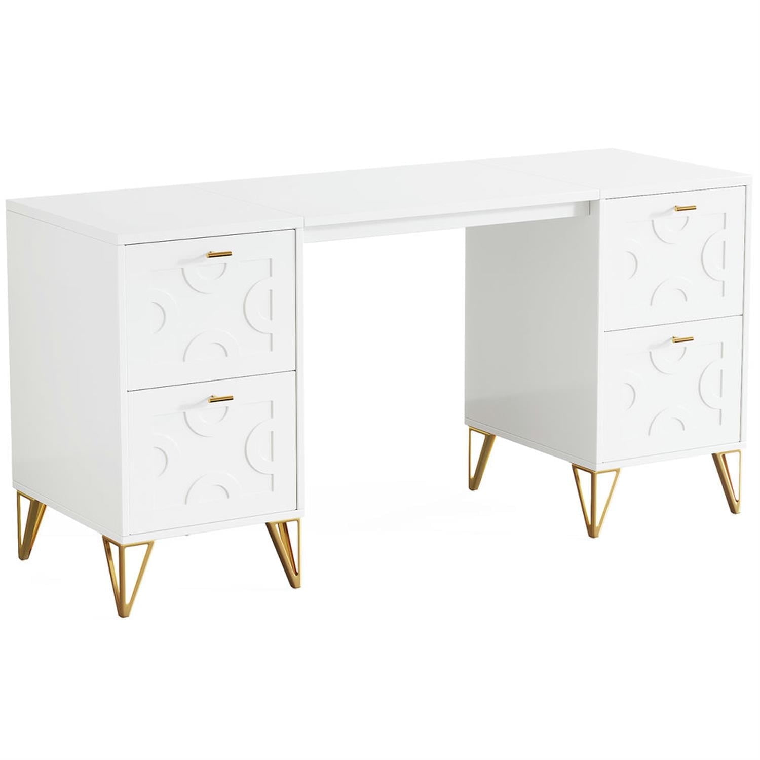 Demi Bonn 59" Executive Computer Desk with File Cabinet, Modern Study Writing Gaming Table for Home Office, White